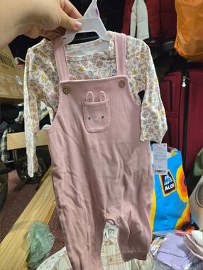 Baby Pink Ribbed Overalls with Floral Long-Sleeve Bodysuit